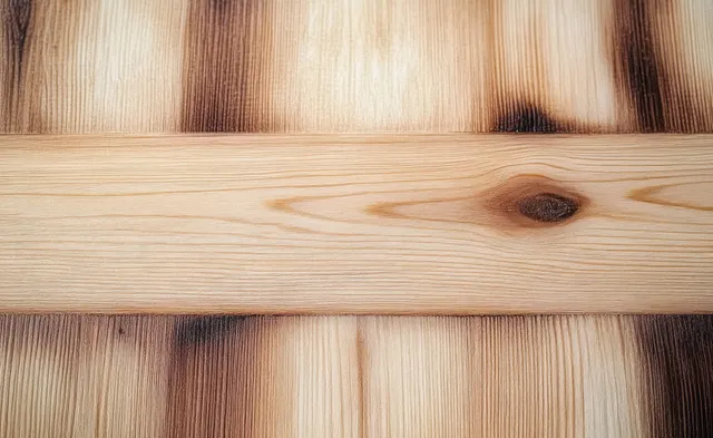 Close-up of wooden planks with a prominent knot and visible wood grain in warm brown tones.