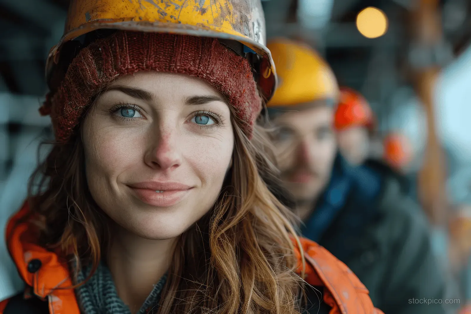 Smiling female construction worker in a hard hat at a building site with blurred workers behind her.