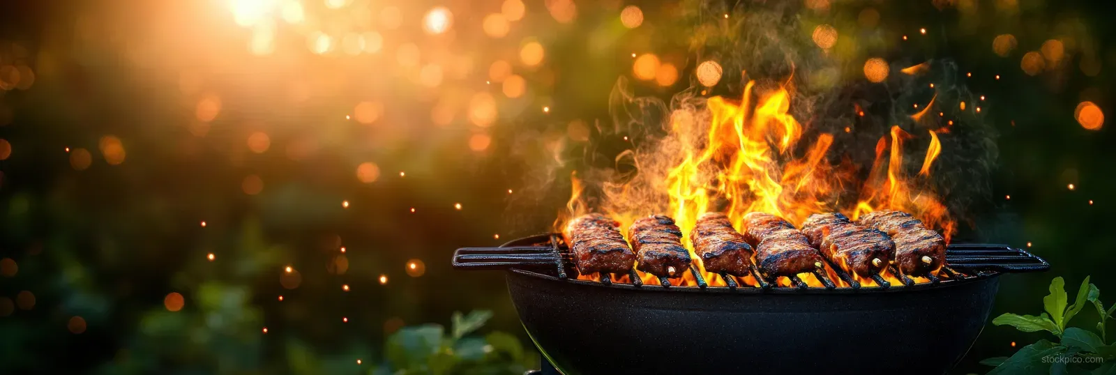 Barbecue grill with bright flames and glowing coals set against green leaves at golden hour.