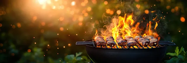 Open barbecue grill with dancing flames and glowing coals at golden hour greenery
