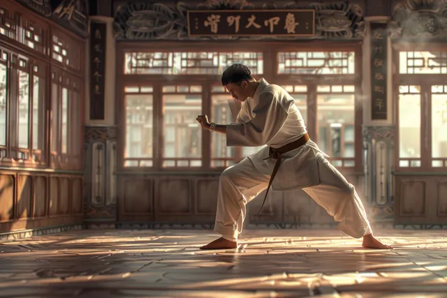 A taekwondo practitioner in a white gi holds a wide stance while preparing a kick inside a traditional dojo.