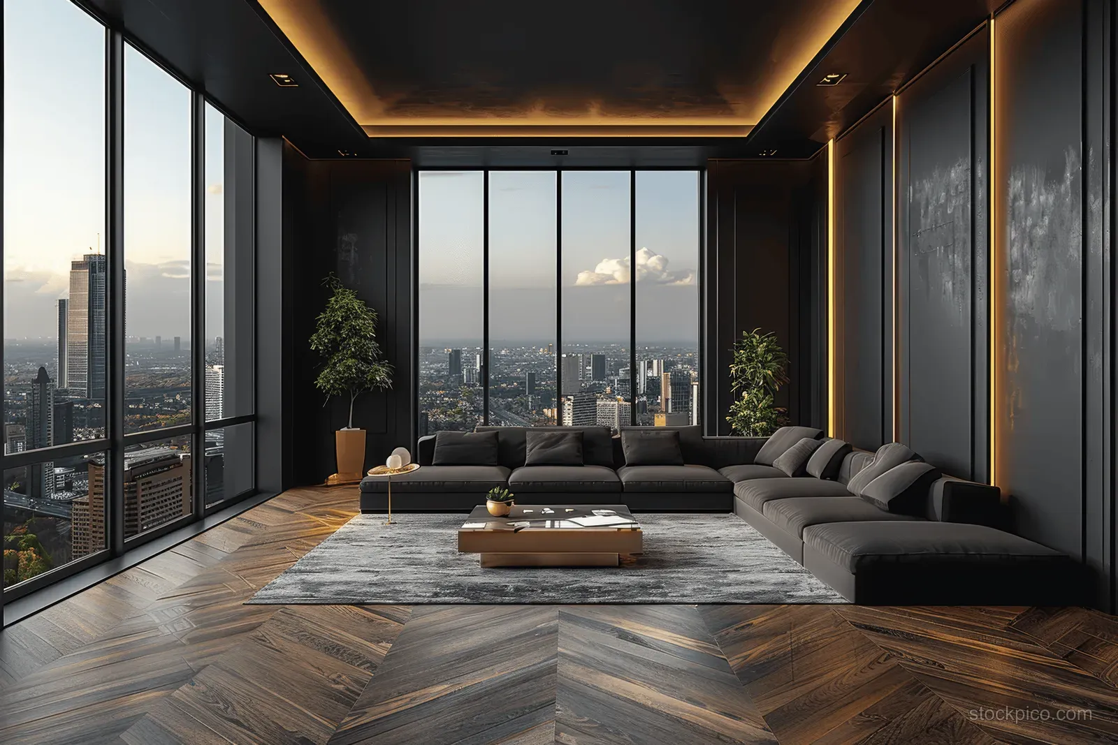 Dark modern living room with a sectional sofa and large floor-to-ceiling windows showing a sunset city skyline.