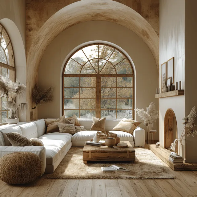 Sunlit beige living room showing a white sofa, wooden coffee table, arched window, and fireplace.