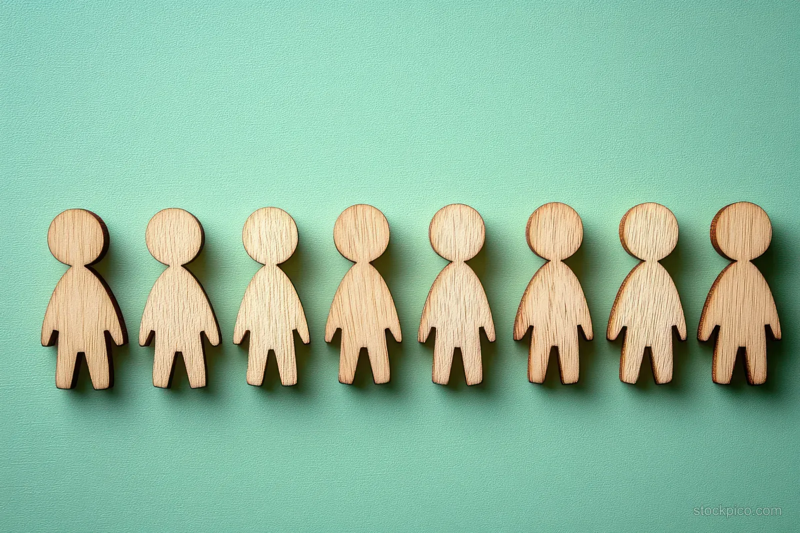 Eight wooden human-shaped cutouts stand evenly spaced in a row on a textured teal background.