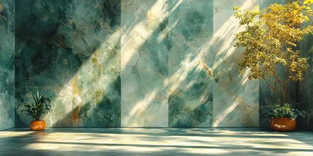 Green marble tile wall with dramatic overhead lighting and long shadow pattern