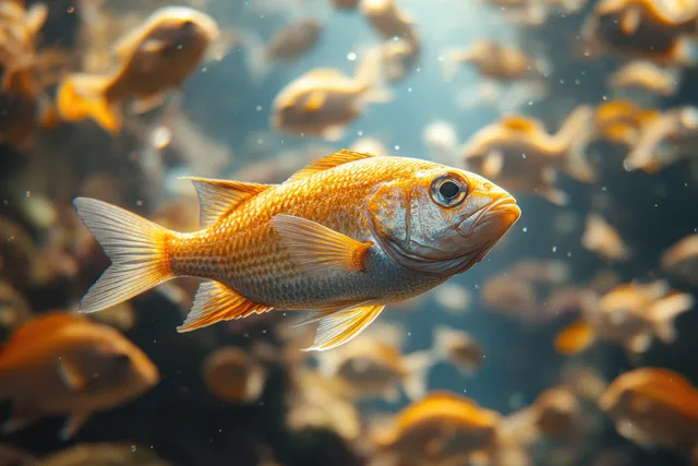 School of longface emperor fish swimming underwater with sunlit ripples in blue sea