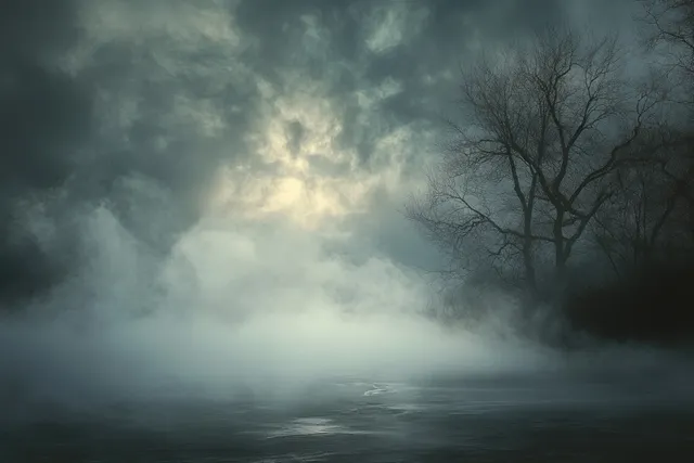 Misty landscape at dusk with swirling fog, ghostly tree silhouettes, and soft backlight