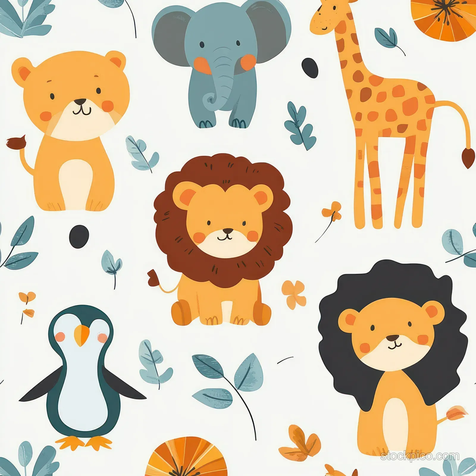 Cute cartoon lion, elephant, giraffe, penguin, and lion cub are arranged with leaves and flowers on a white background.