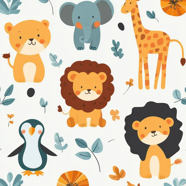 Cute cartoon lion, elephant, giraffe, penguin, and lion cub are arranged with leaves and flowers on a white background.