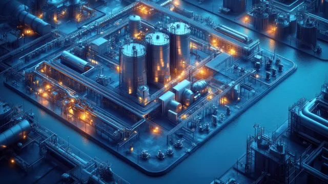 Isometric wastewater treatment plant layout with glowing pipes, filtration tanks, and purification units.