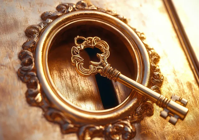 Golden key inserted into an ornate vintage lock on an aged door under warm soft light.