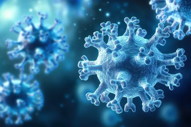 3D coronavirus molecular structure floating in blue scientific background with light particles
