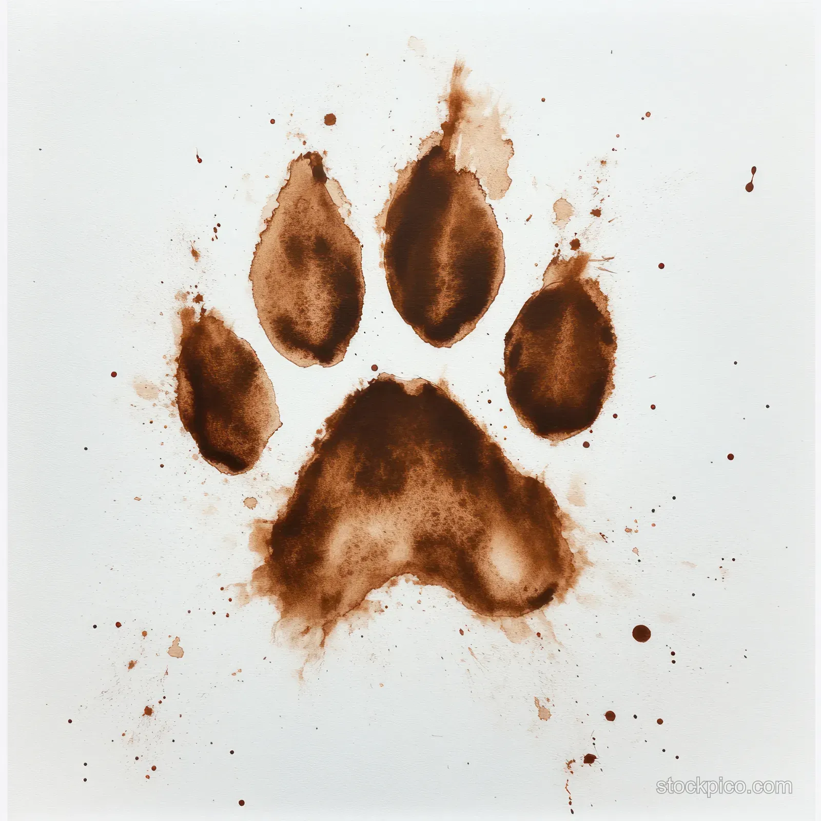 Brown paw print with scattered splatter marks and toe impressions on a white background.