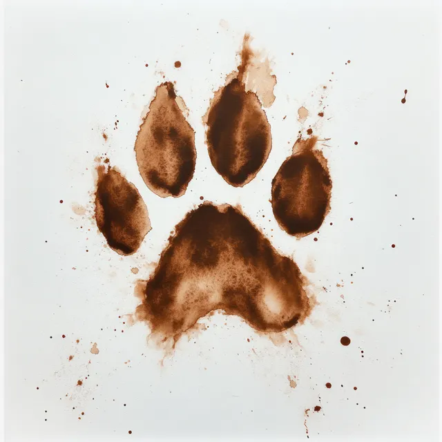 Brown paw print with scattered splatter marks and toe impressions on a white background.