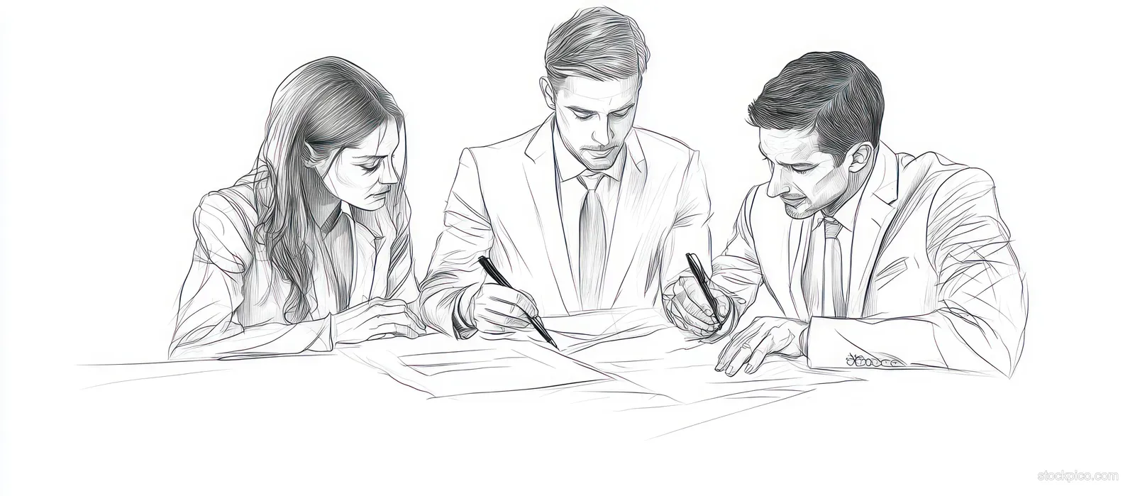 Three executives seated at a table reviewing and signing contract documents in a line-art meeting scene.