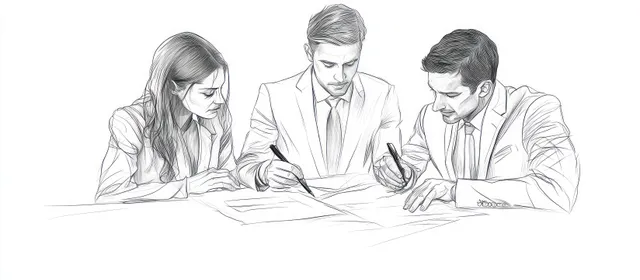 Three executives seated at a table reviewing and signing contract documents in a line-art meeting scene.