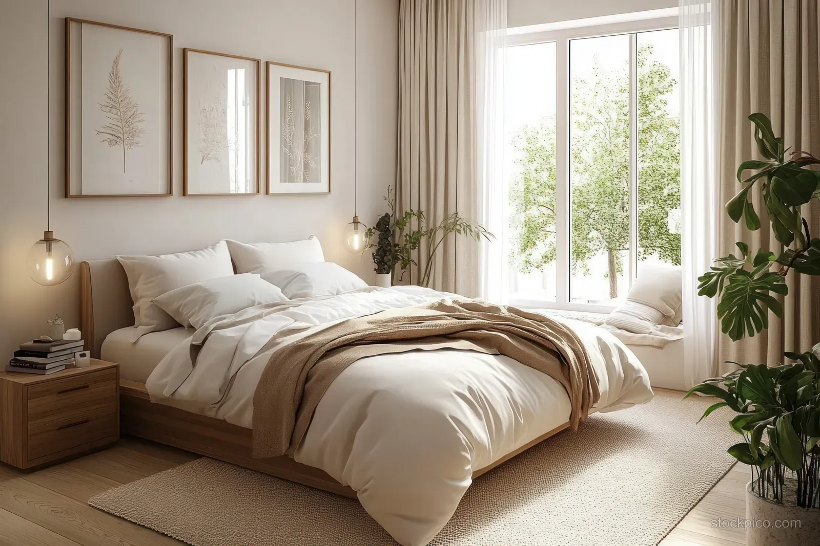 Minimalist bedroom with layered neutral bedding, bedside lamps, and sunlight streaming through a large window.