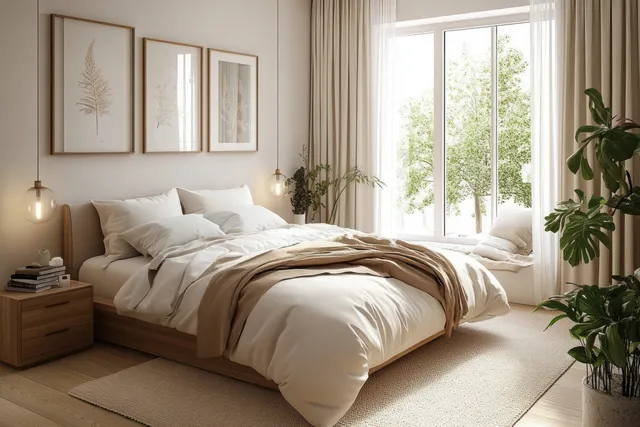Minimalist bedroom with layered neutral bedding, bedside lamps, and sunlight streaming through a large window.