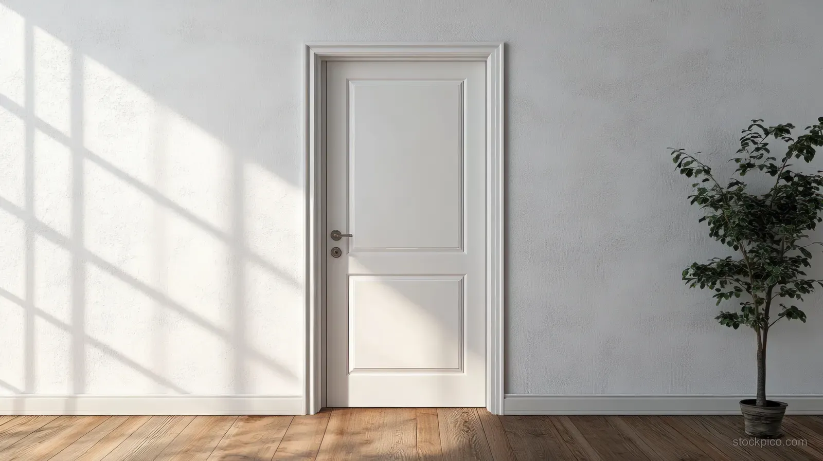 A closed white door in a bright Scandinavian interior with sunlit wall shadows and warm wooden flooring.