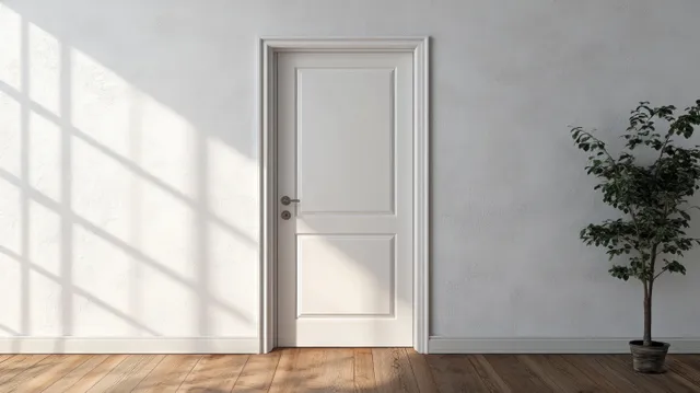 A closed white door in a bright Scandinavian interior with sunlit wall shadows and warm wooden flooring.