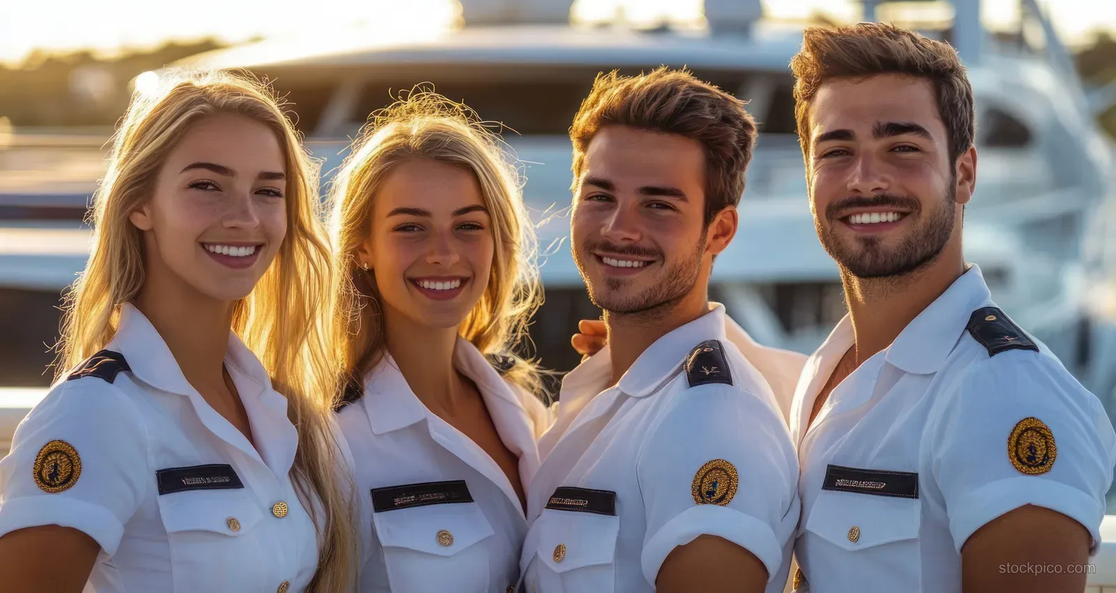 Four young adults in white nautical uniforms smile closely together with a yacht behind them in warm golden-hour light.