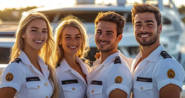 Four young adults in white nautical uniforms smile closely together with a yacht behind them in warm golden-hour light.