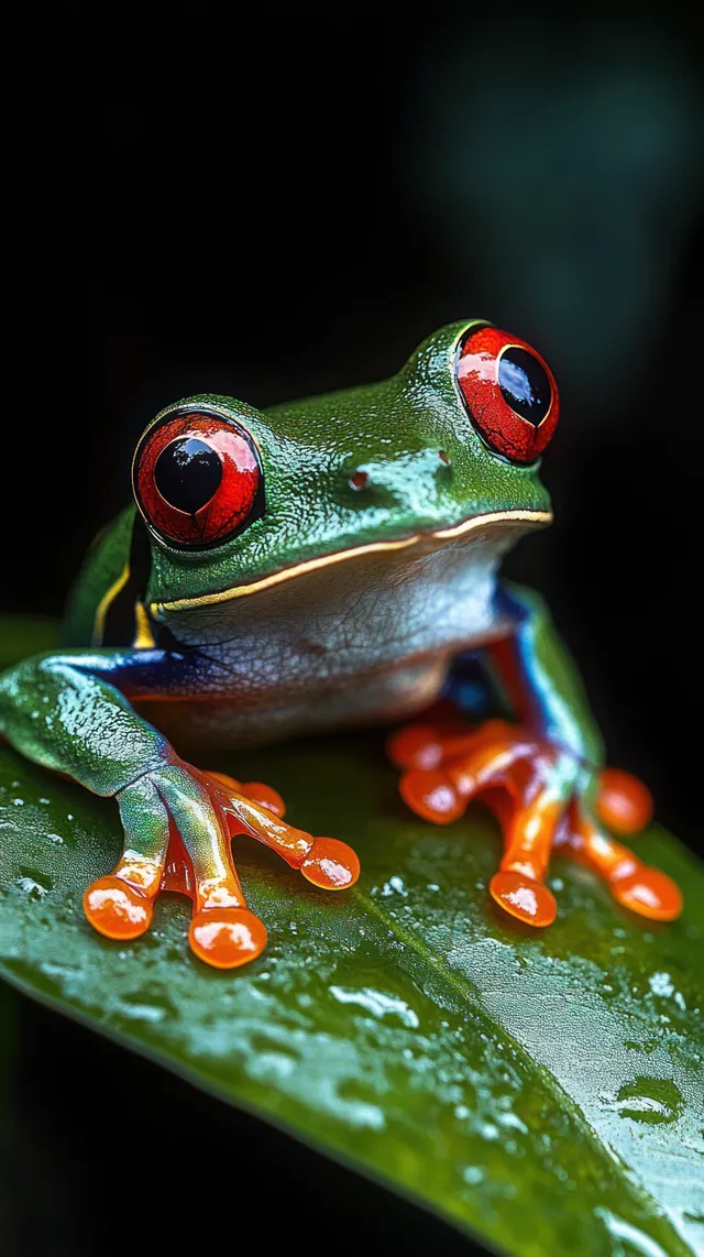 Close-up green tree frog with red eyes and orange toes perched on a wet leaf with Shallow Depth Of Field