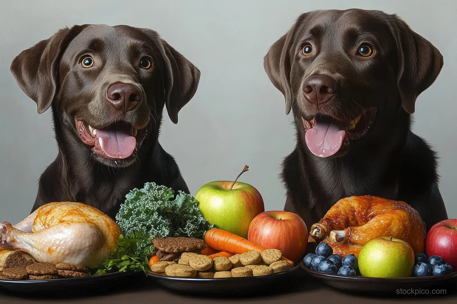 Two brown dogs with tongues out sit behind plates of chicken, apples, blueberries, carrots, leafy greens, and dog biscuits.