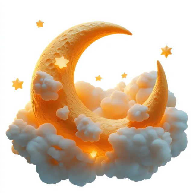 A glowing crescent moon over fluffy clouds with scattered sparkling stars in a soft night sky.