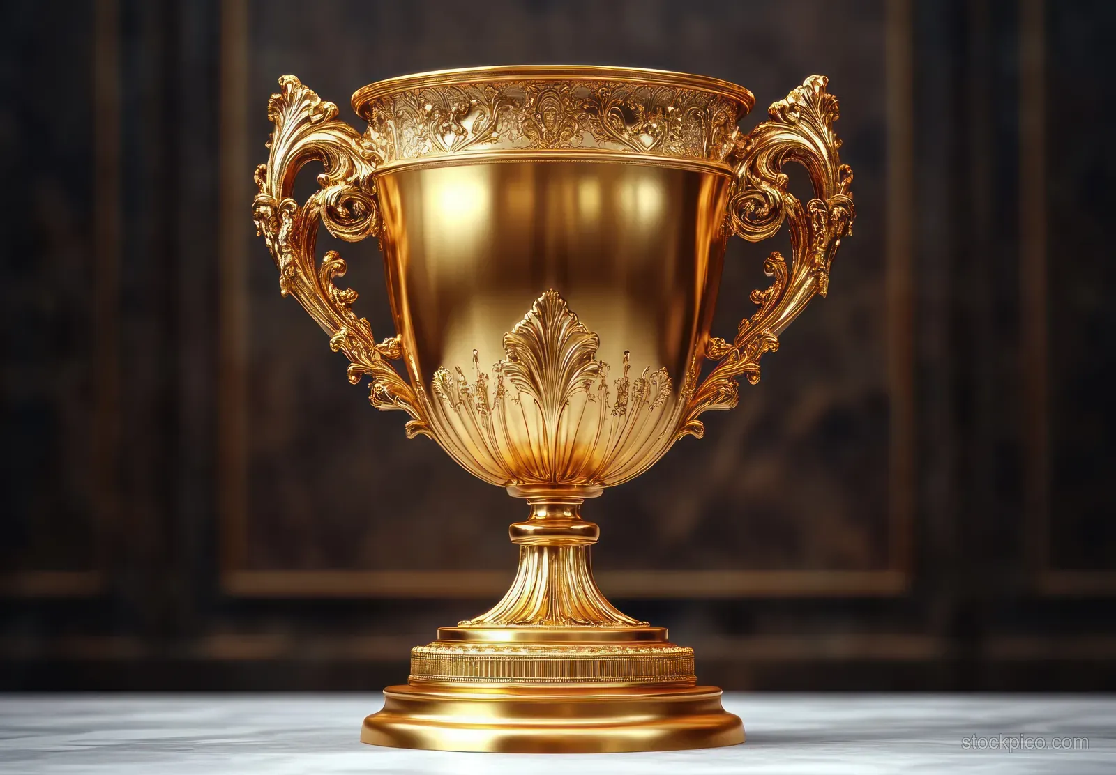 Golden trophy cup with ornate floral engravings on a pedestal against a dark blurred background.