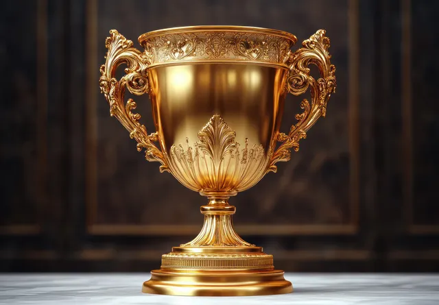 Ornate golden trophy cup on pedestal with floral engravings against dark blurred backdrop
