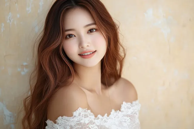 Young woman with long wavy brown hair smiling softly in an off-shoulder white lace top