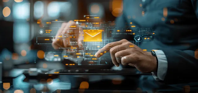 A businessman holds a digital tablet displaying secure document management and file storage icons in an office setting.