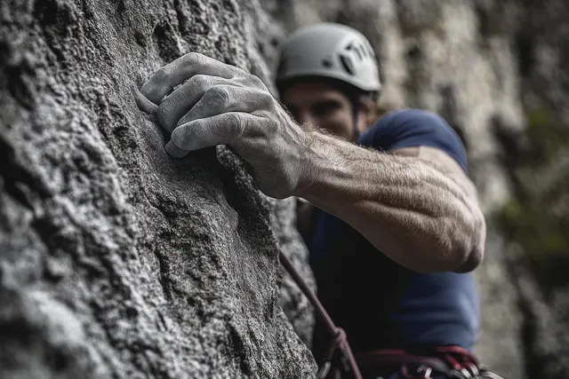 Climber’s gloved hand grips rough rock while scaling a cliff face with helmeted athlete in background.