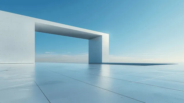 Minimalist white architectural facade with concrete floor, blue sky, and open frame perspective
