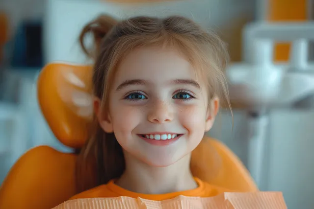 Happy freckled girl smiling in an orange dental chair inside a clinic room