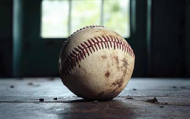 Vintage baseball resting on worn floor near window light and soft shadows