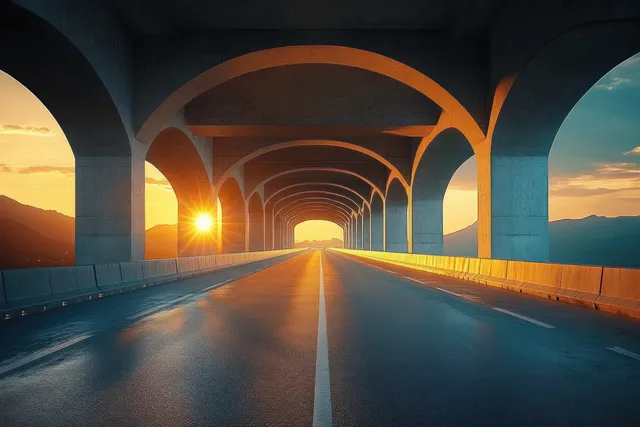 Empty road passes through concrete arch bridges under sunset light with mountains in the distance.