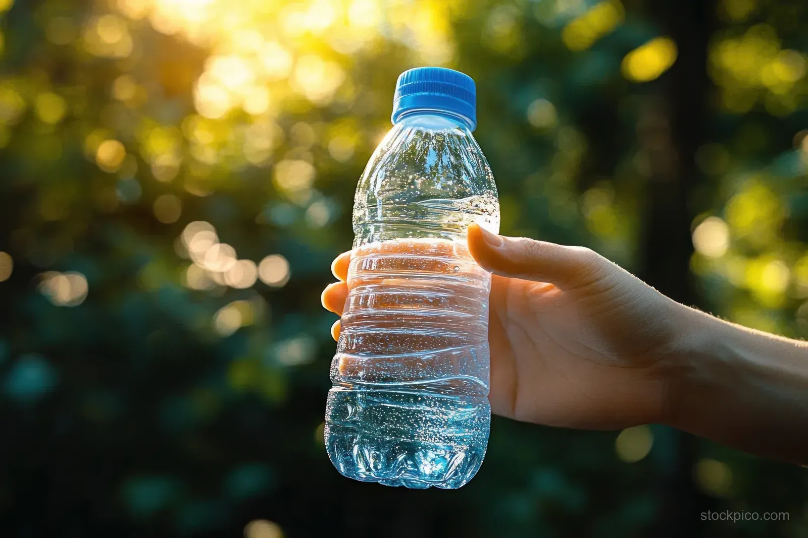 Hand holding a clear plastic water bottle with a blue cap against a bright green blurred background outdoors.