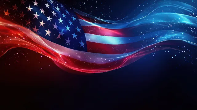 American flag waves across a starry abstract background with red and blue glowing light streaks.