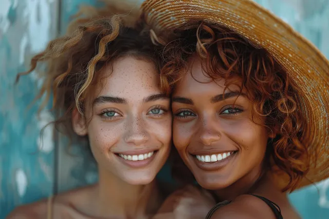 Two diverse friends smiling closely under a straw hat outdoors