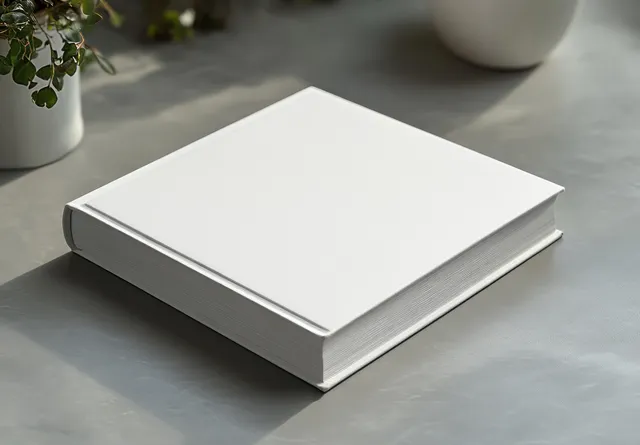 Blank white hardcover book mockup on smooth gray desk with soft shadow and minimal styling