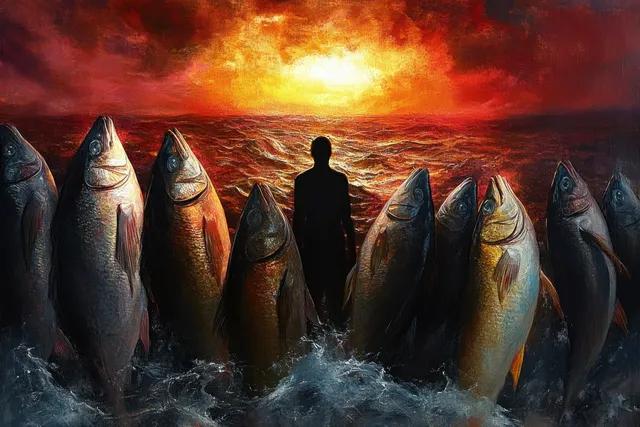Silhouette figure standing amid large fish at stormy ocean edge under fiery sunset horizon