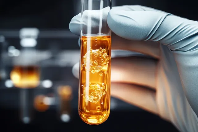 Gloved hand holds test tube of orange solution with bubble-like particles in dark lab.