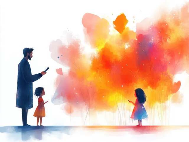 Therapist and child on-screen chat, watercolor splash background, supportive mental health session