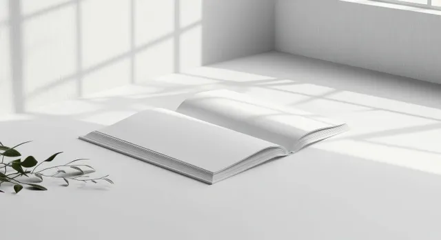 Empty open book on a white tabletop with window shadow lines and a small green leafy branch.