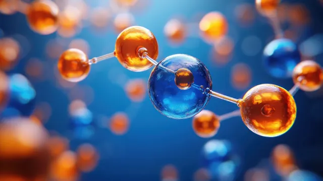 Glowing blue and amber atoms connected as a 3D molecule cluster float over a blurred science background.