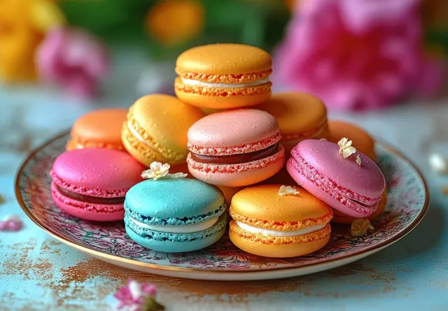 Assorted colorful macarons stacked on a decorative plate with a soft floral background blur behind them.