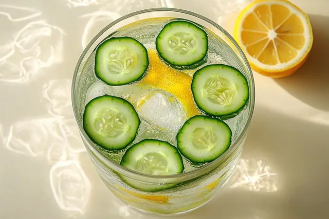 Sparkling water glass garnished with lemon and cucumber slices, ice cubes and soft light