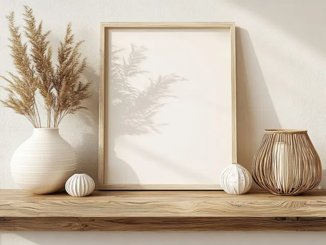 Minimalist wooden shelf displays a white picture frame with vases and pampas-like dried plants in soft sunlight.